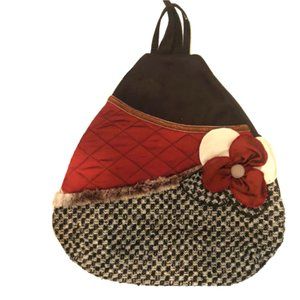 Original handbag, sumptuous black, brick red with flower/ Sac à main original